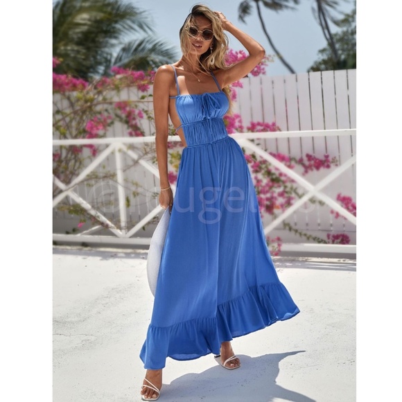 Blue Backless Maxi Dress Flared Tie Straps Ruffle Hem Gathered, Ruched Front - Picture 9 of 12